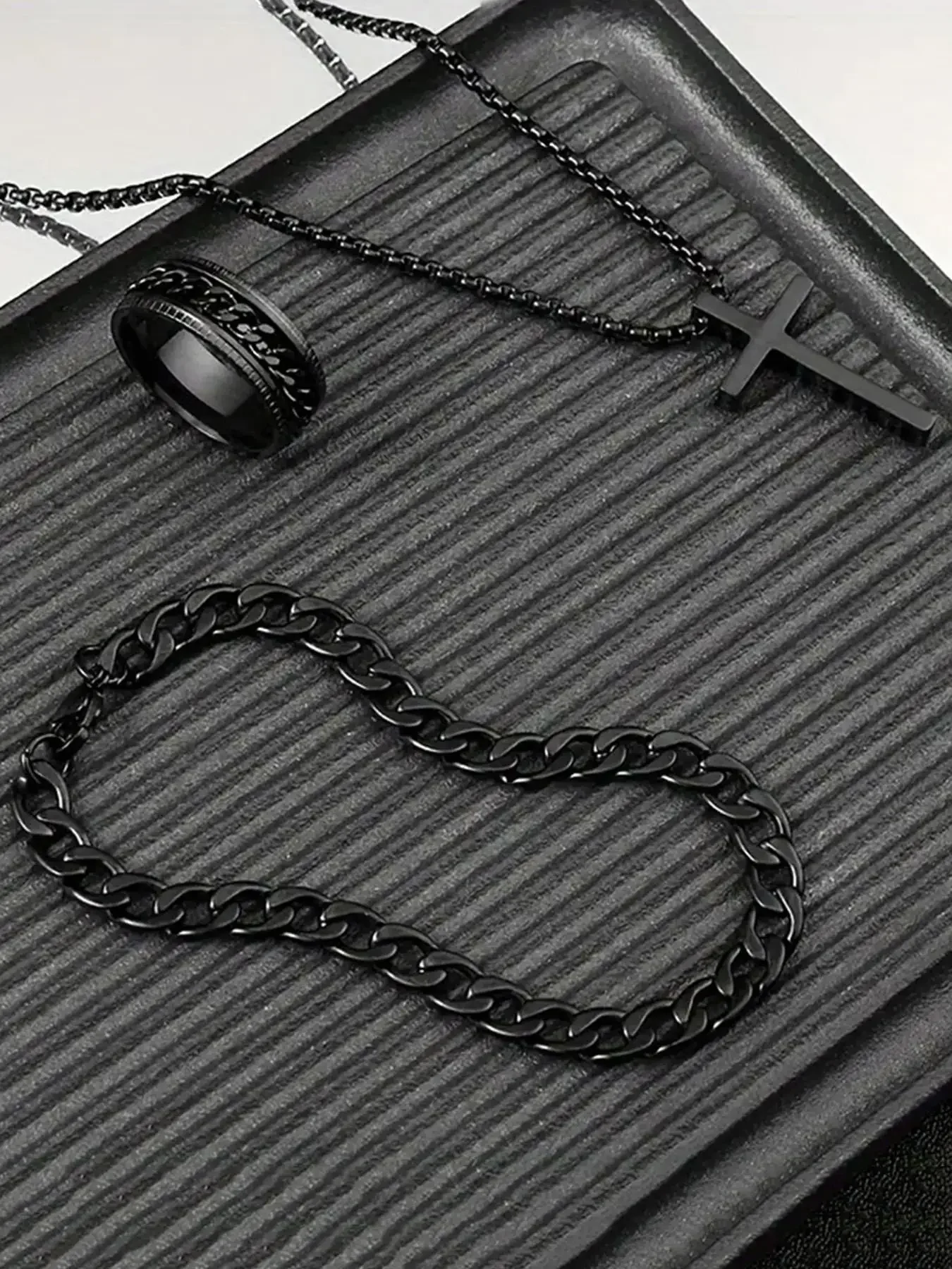 3 قطعة مجموعة الرجال الفولاذ المقاوم للصدأ المعادن الصليب سلسلة بدلاية قلادة سوار خاتم مجموعة الذكور الهيب هوب ارتداء اليومي الملحقات