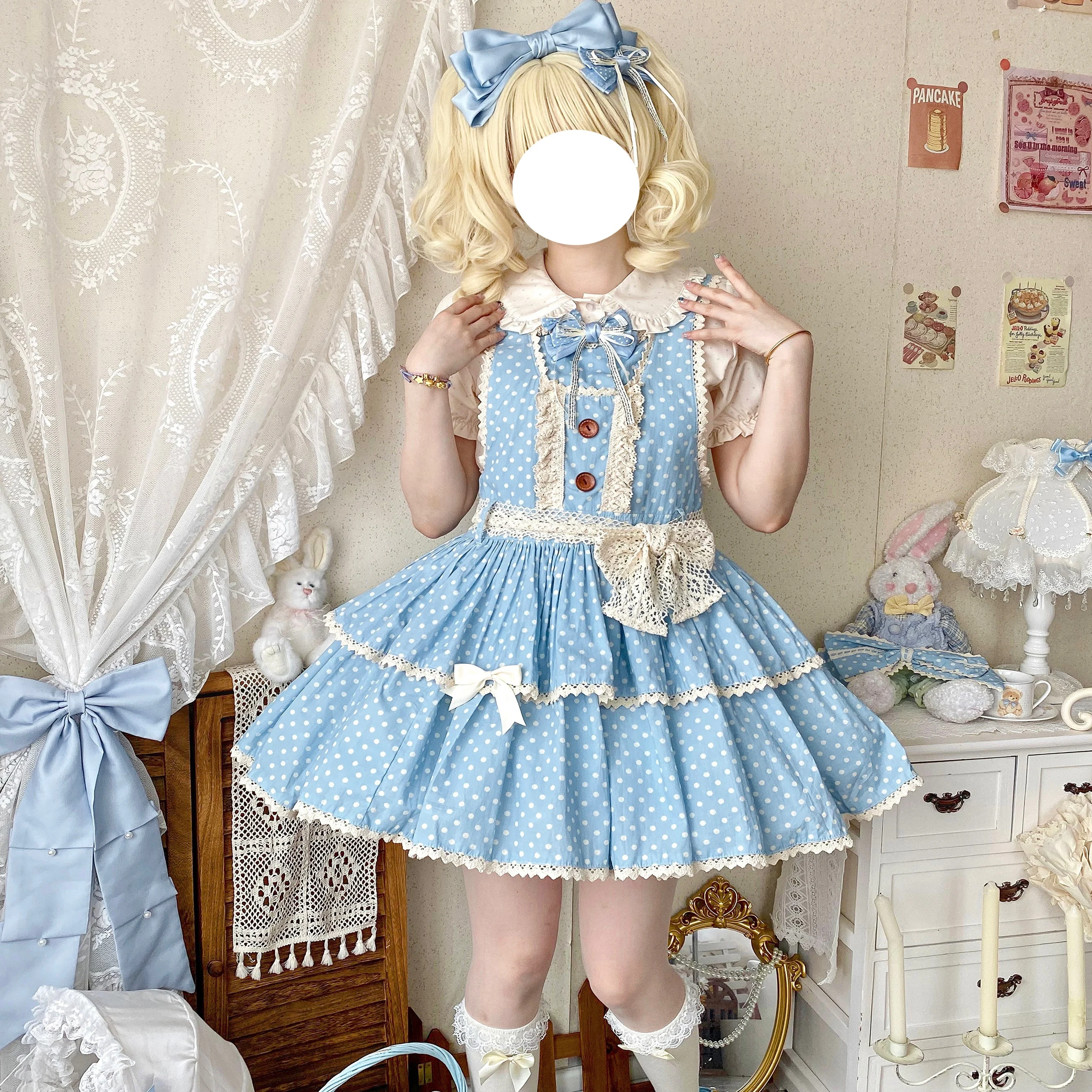 

Оригинальное платье Лолиты в стиле ретро в горошек, японское платье Kawaii Loli Lolita, короткое студенческое платье Jsk для чаепития