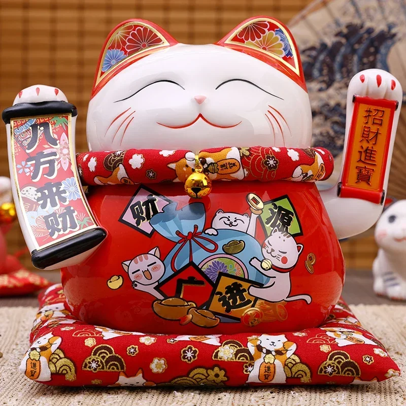 6.5/8.5 Inch Ceramic Beckoning Cat Maneki Neko Ornament Swing Lucky Fortune Cat Feng Shui Decoration Centerpiece Business Gift