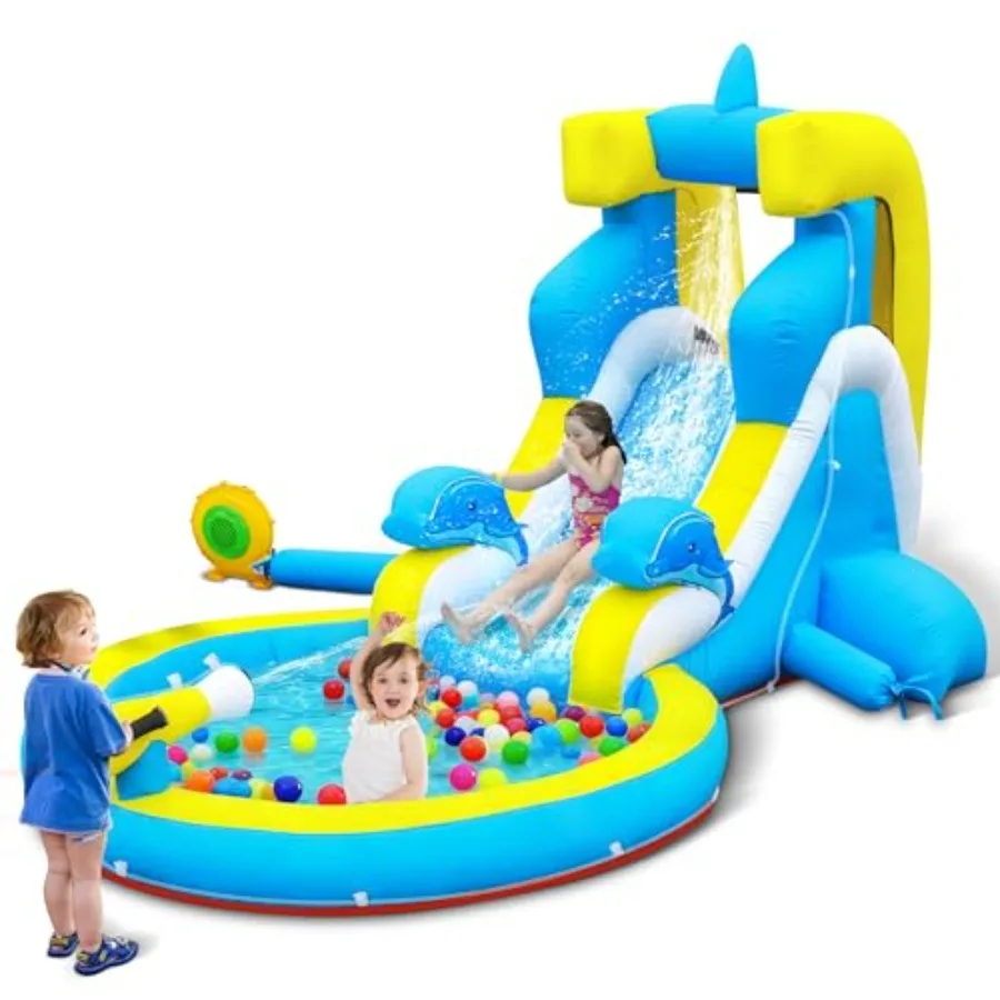 

Надувная водная горка: надувной батут 4-в-1 в стиле дельфина для детей 3-12 лет - бассейн, скалодром, водная пушка, воздуходувка 370 Вт - для улицы