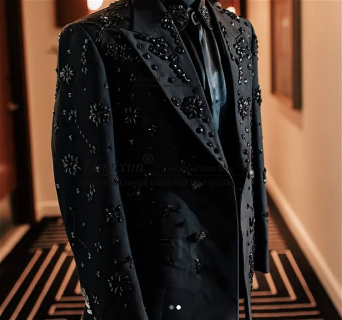 Sparkly Beaded Ornament Tuxedos Men Suits Double Breasted Groom Male Prom Blazer Customized 2 Pieces Sets Wedding Costume Homme