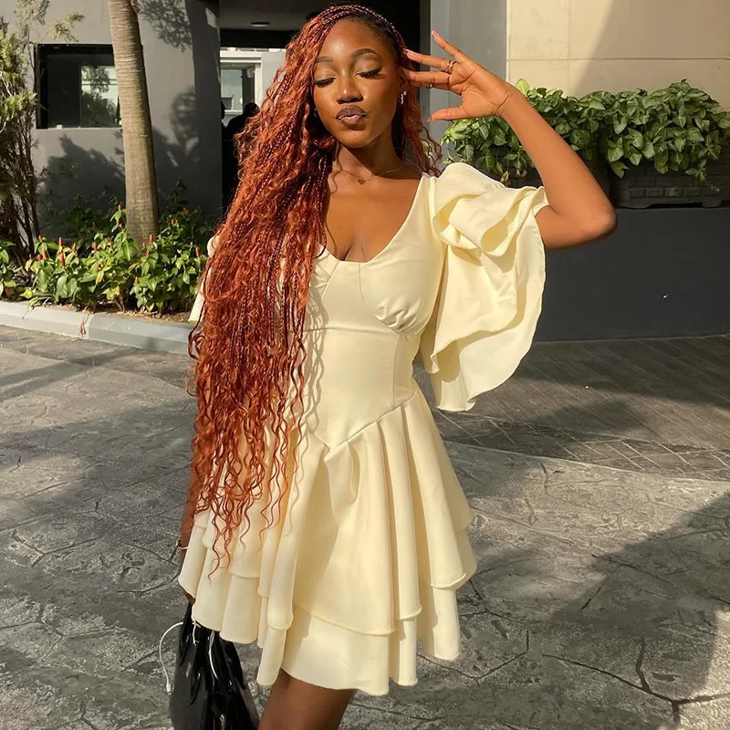 

STYLISH LADY Ruffle Mini Dress 2025 Summer Women Short Sleeve One Shoulder Asymmetrical Elegant Solid Color Vestidos De Festa