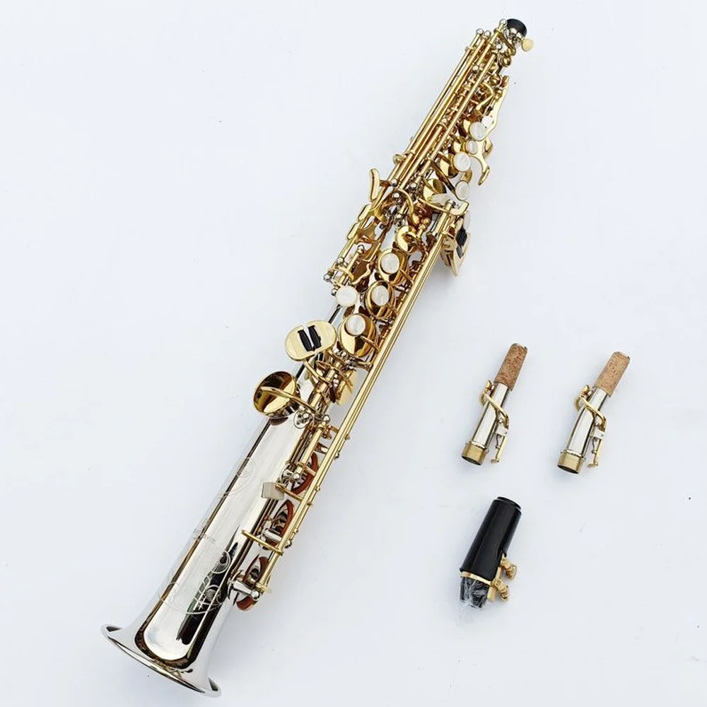 

High pitched saxophone straight S-WO37 silver nickel key, saxophone high pitched blowing mouth connected reed neck strap bag
