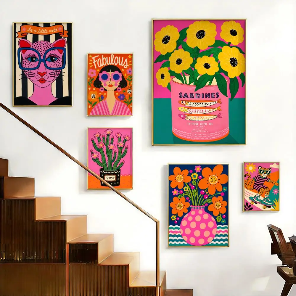 Leopard Lady Rainbow Flower Cup Poster Home Living Bed Room Bar Hallway Sticky Wall Printing Waterproof Aesthetic Decor