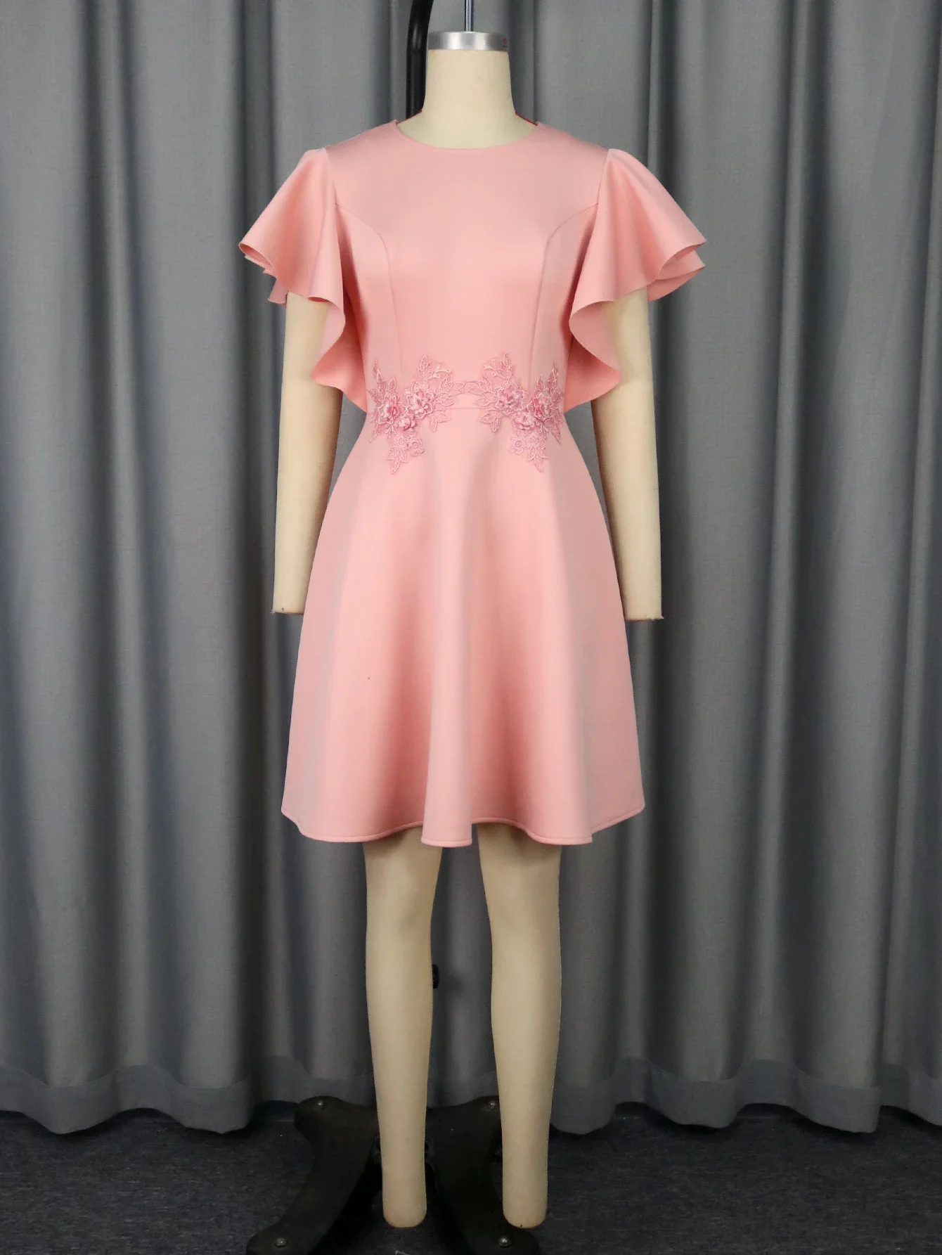 

Elegant Pink A Line Mini Dress with Batwing Sleeves Delicate Lace Embroidery O Neck Perfect for Bridal Showers Cocktail Parties
