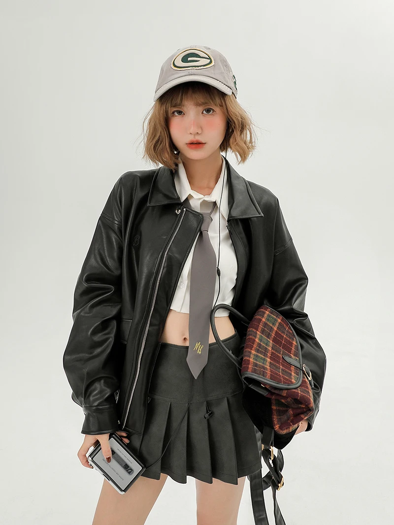 

Biker Jackets Womens Jacket Elbow Autumn Cowgirl Cowhide Western Buckle All-Match Outdoors Durable American Style Classic Casual