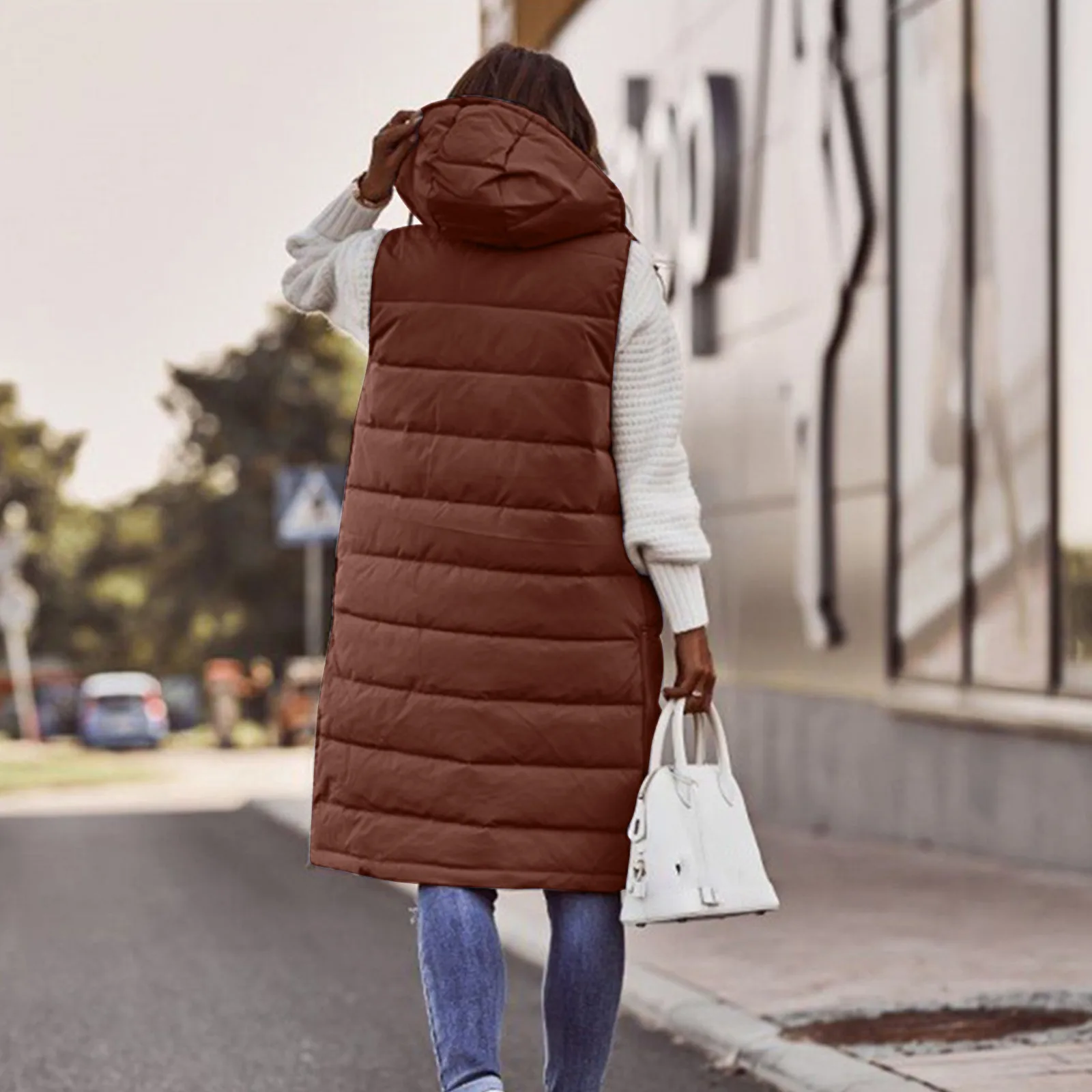 Gilet lungo da donna caldo inverno senza maniche con cappuccio cravatta colletto bottone cappotti larghi gilet solido femminile