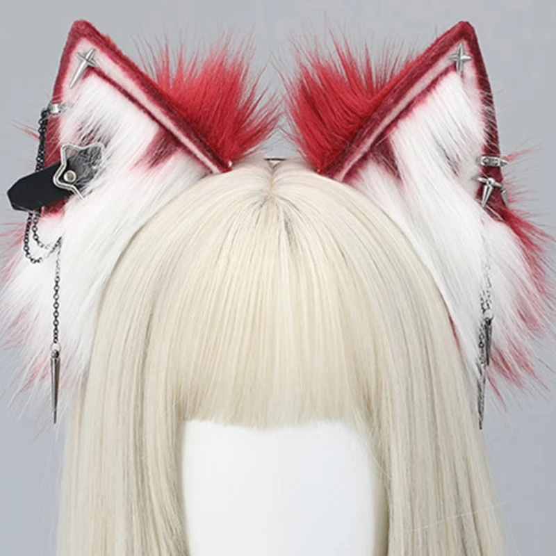 Punk Wolf Ears Shape Headband with Dangle Jewelry Decors Hair Hoop Adult Cosplay Live Broadcast Easter Party Headpiece