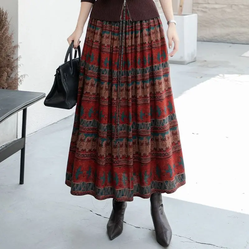 

Новая женская винтажная юбка в стиле бохо 2026 года: элегантная макси-юбка А-силуэта с высокой талией, современный этнический принт, длинная осенняя повседневная расклешенная юбка