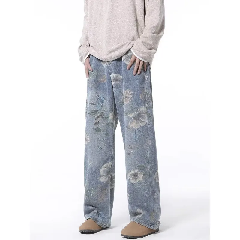 Autumn Hong Kong Style Men Washed Denim Pants Men Trendy Flower Jean Pants Homme Classic Wide Leg Pants Male Streetwear Trousers