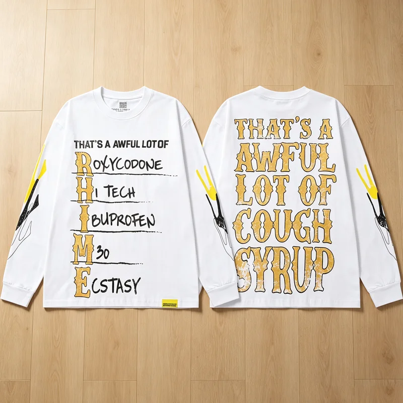 American Street THAT'S A AWFUL LOT OF COUGH SYRUP Long Sleeve T-shirts Print Loose Drop Shoulder Men Women Tops