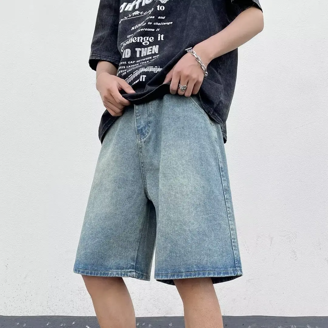 

Foufurieux American High Street Denim Shorts for Men Summer Trendy Retro Loose Casual Straight Leg Knee Length Baggy Jeans Men