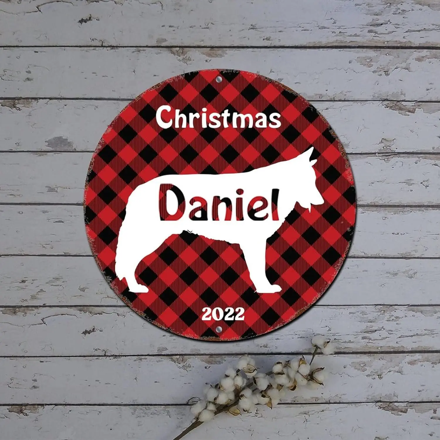 Christmas Round Tin Sign Custom Dog Name Buffalo Plaid Dog Lover Round Metal Tin Sign Christmas Cabinet Decorations Vintage Alum