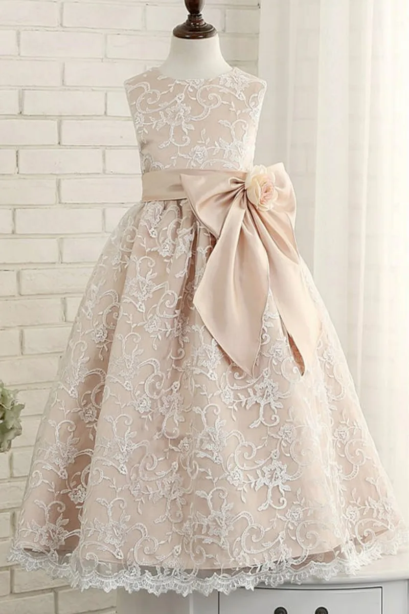 

Elegant Champagne Flower Girl Dress Satin Tulle Features With Crew Neck Bow Zipper Back Fit Party Birthday First Communion Gowns