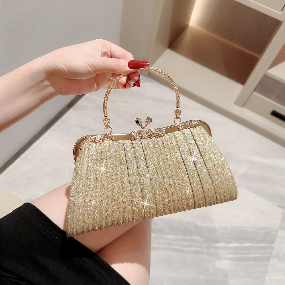 

High-Grade Beige Shiny Diamond-Studded Evening Bag Handheld Versatile Fashion Pleated Evening Bag