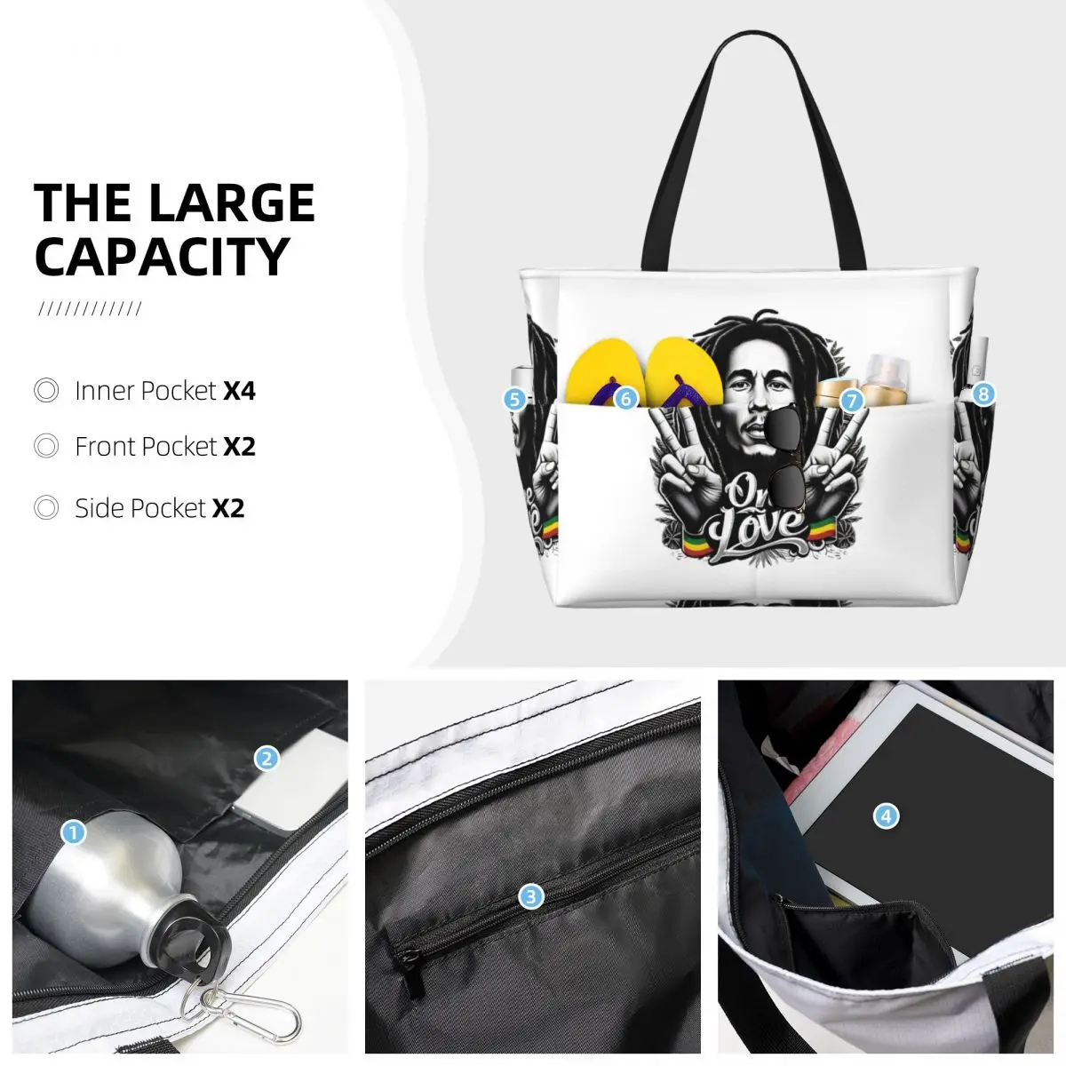 กระเป๋าโท้ทชายหาดสไตล์เร็กเก้ของบ็อบ มาร์ลีย์ กระเป๋าสะพายกีฬา โยคะ กระเป๋าเดินทางขนาดใหญ่สำหรับผู้หญิง กระเป๋าฟิตเนส