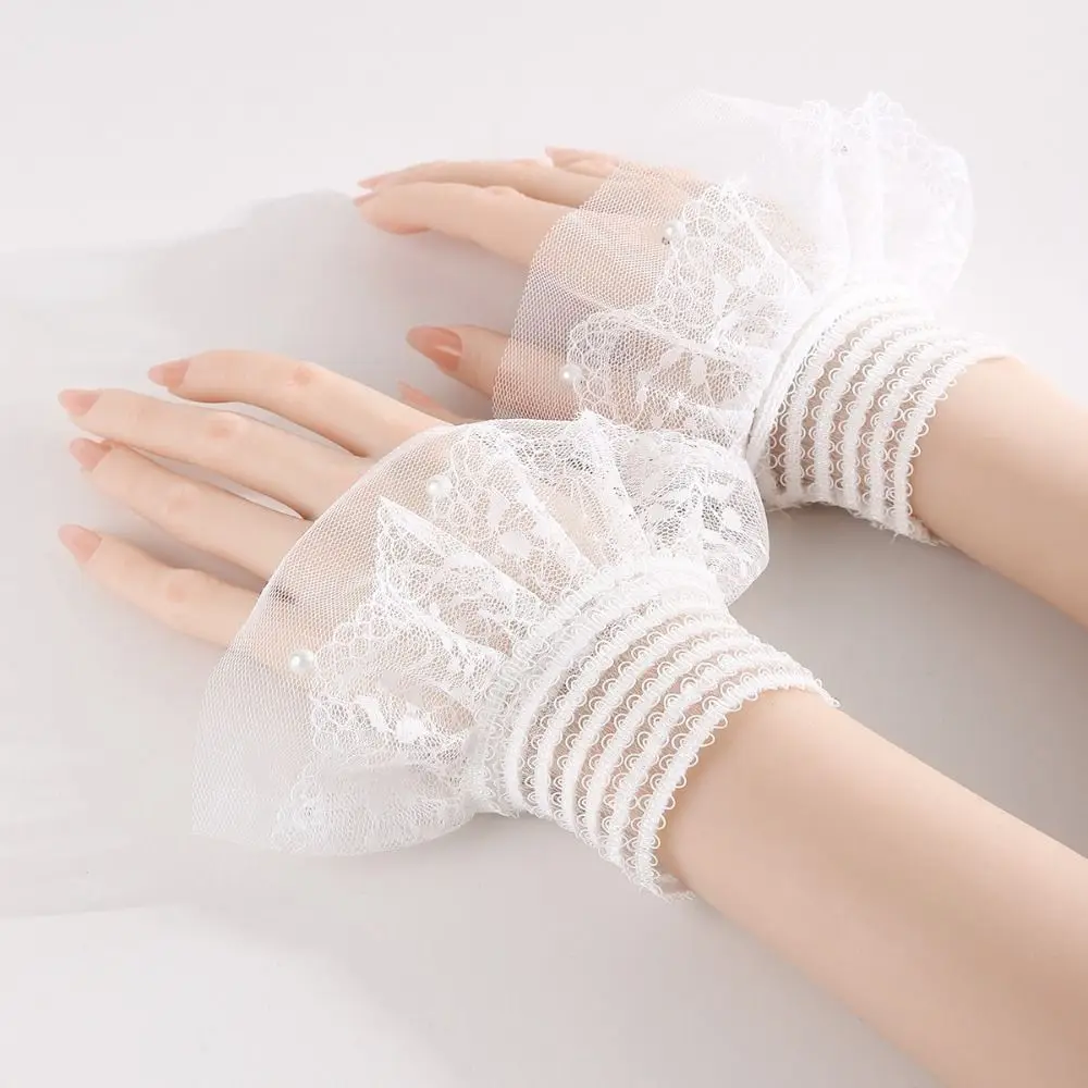 Nuovo Polsino Finto in Rete con Perle, Staccabile, Bianco e Nero, Polsino per Maglione, Accessorio per Fotografia