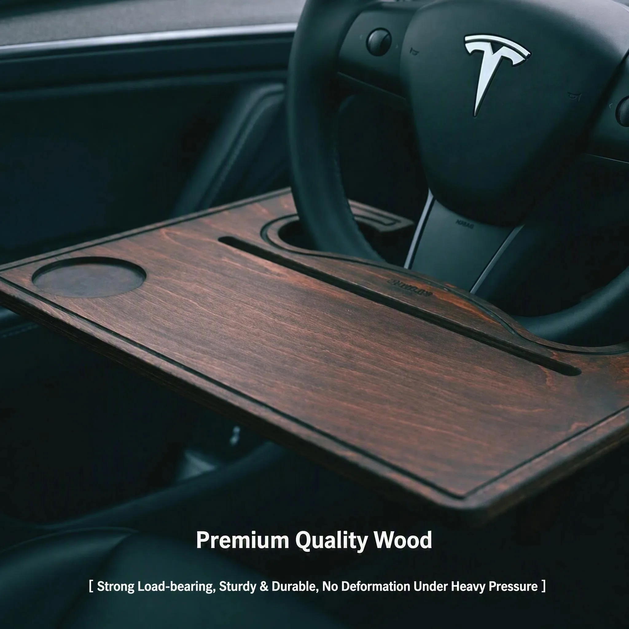 Car Steering Wheel Desk, Solid Wood Tray Table with Cup Holder Phone Slot, Universal Car Desk for Laptop Dining Fits Most Cars