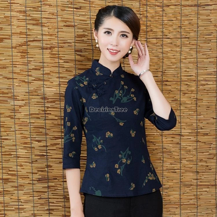 

2024 chinese seven-point sleeve women's retro printed cheongsam top improved cotton linen national style tang suit blouse w581