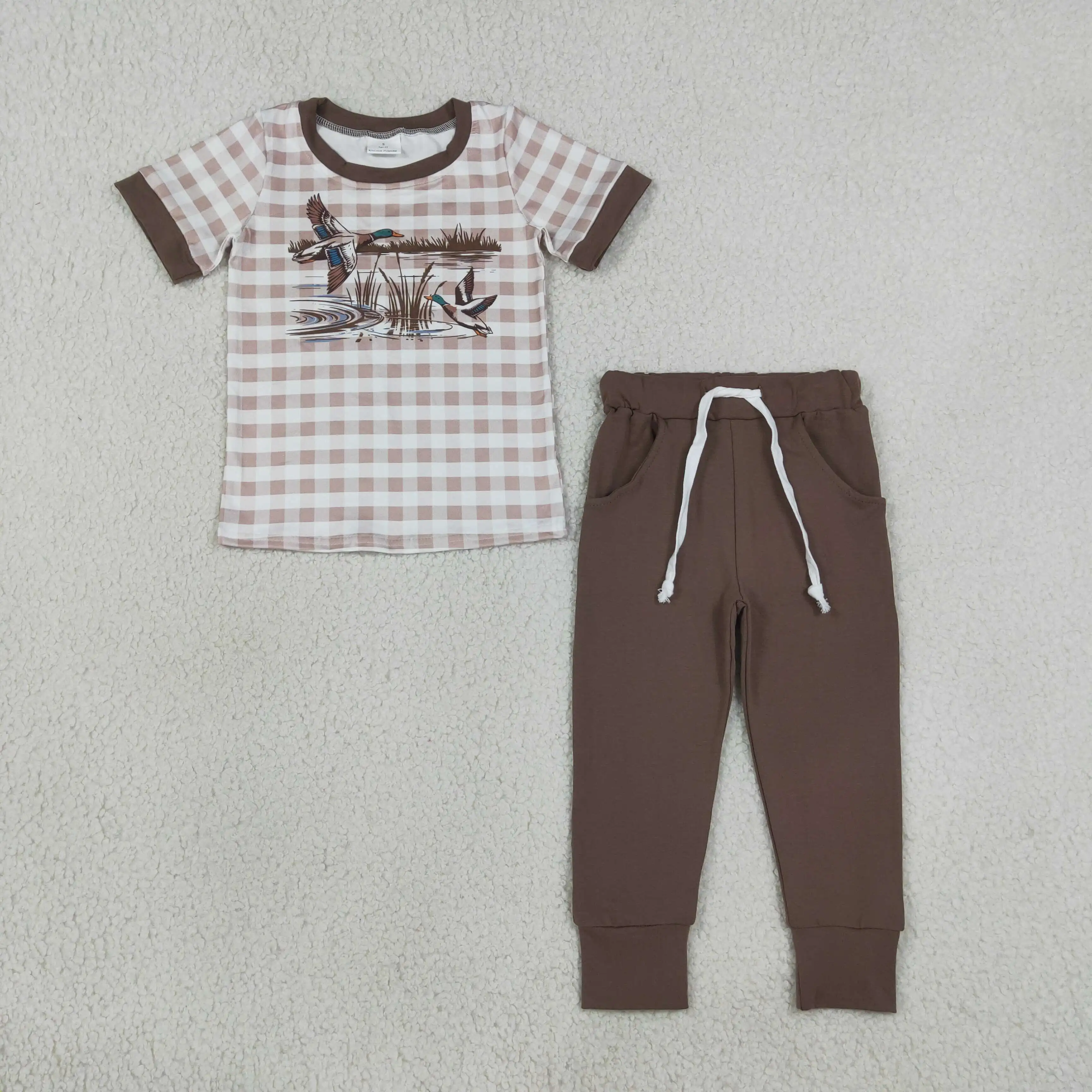 Wholsale Baby Boy Brown Clothes Kids Short Sleeves Ducks Plaid Shirt Tee Set Toddler Children Cotton Pockets Pants Outfit
