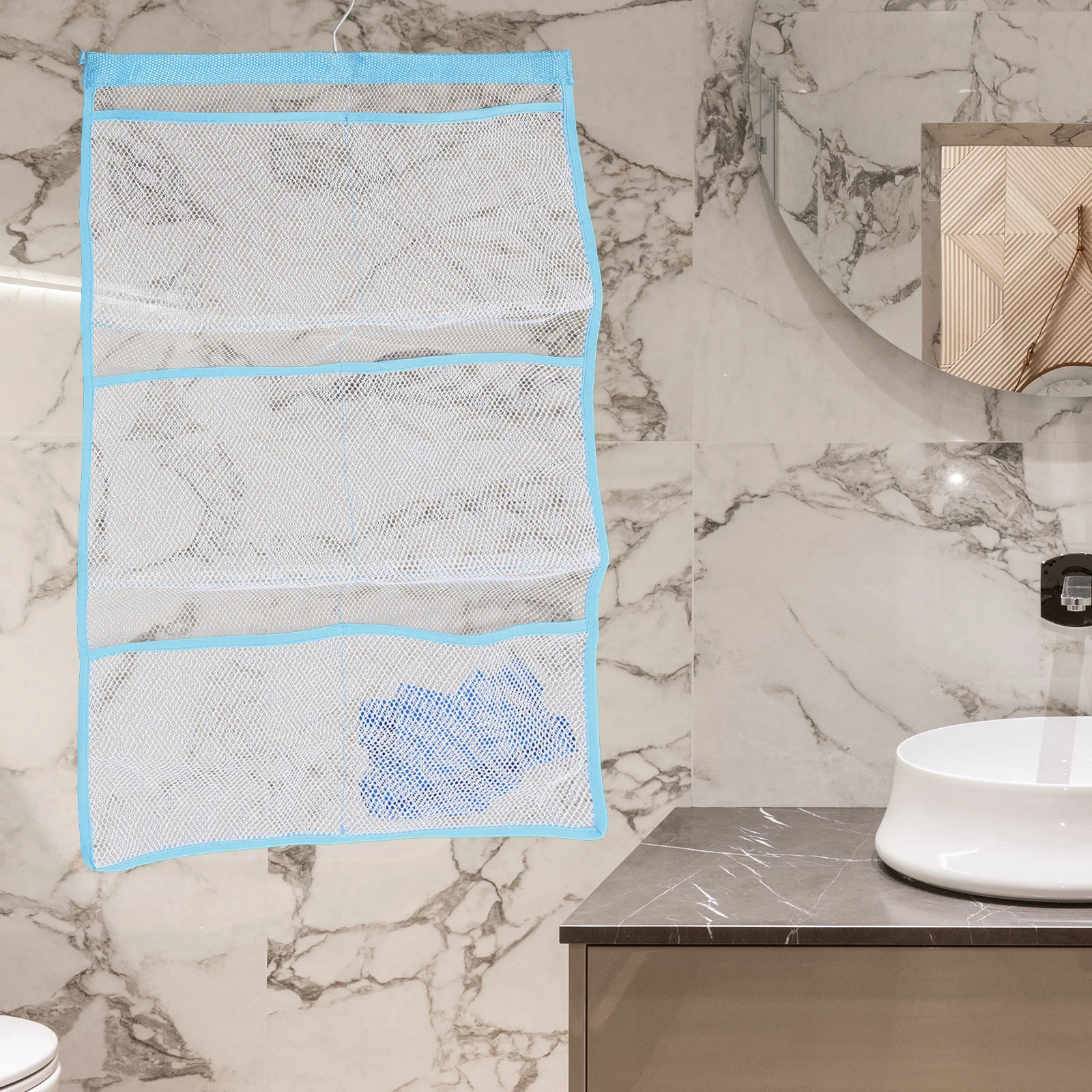 

6 Storage Pocket Mesh Shower Caddy Sky Blue Bathroom Organizer Space Saving Quick Dry Toiletries Hanger Bathroom Accessories