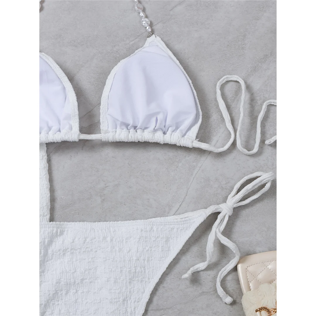 Mit Sarong, weißen Perlen, gerafftem Bikini, Damen-Badebekleidung, dreiteiliges Bikini-Set, Damen-Badeanzug, Badebekleidung, Badeanzug, Modell V5593. – Detail 23