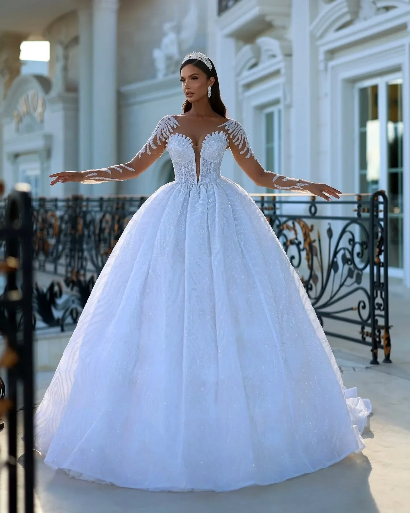 Flavinke Customized Women Wedding Dresses V Neck Long Sleeves Bridal Ball Gowns Lace Sequins Bride Party Dress Vestidos De Novia