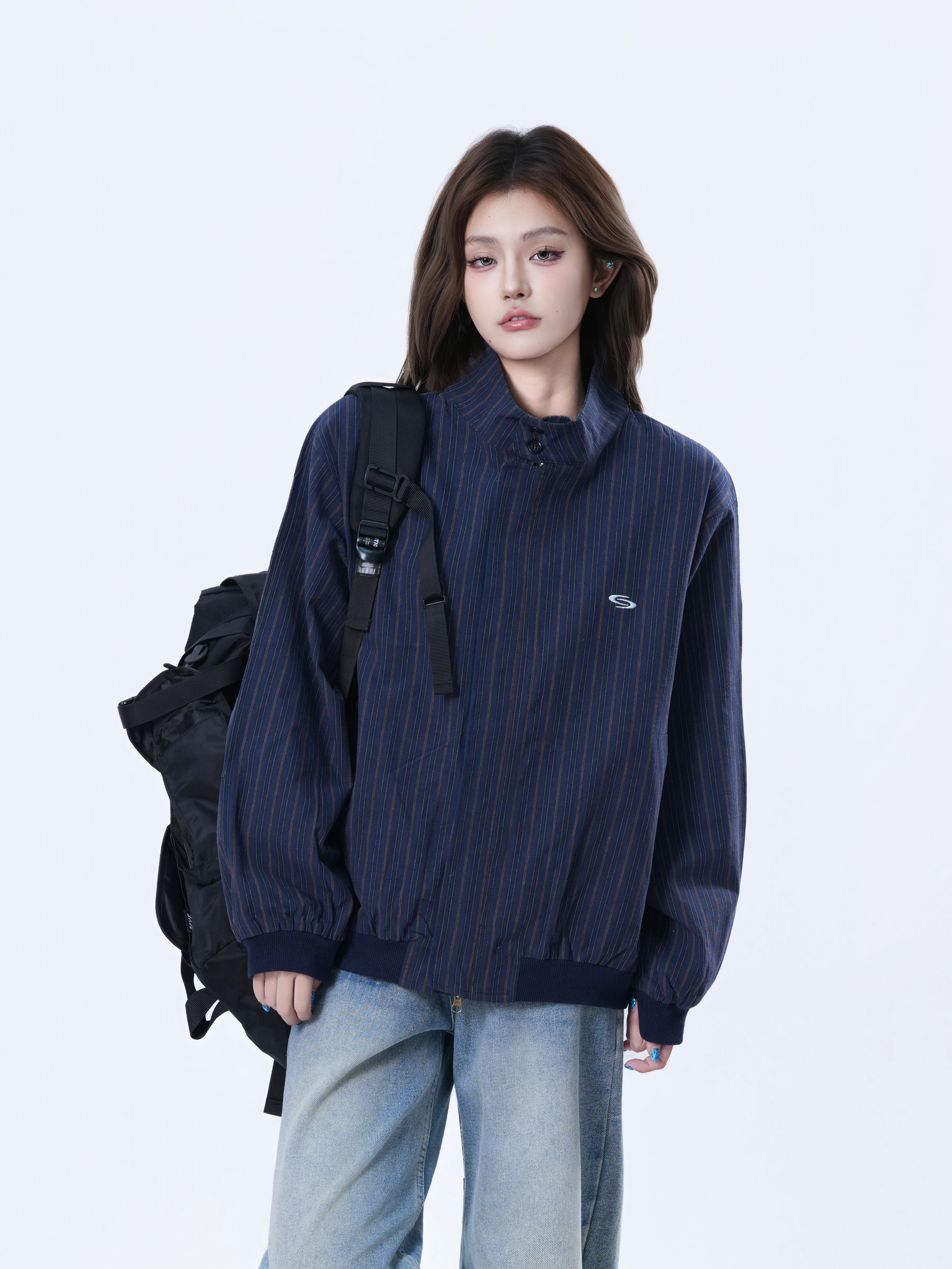 Casual Loose Women's Stripe Collar Jacket American Style Neutral Windproof Cotton 100% Warmth for Couples Small Ball Ball