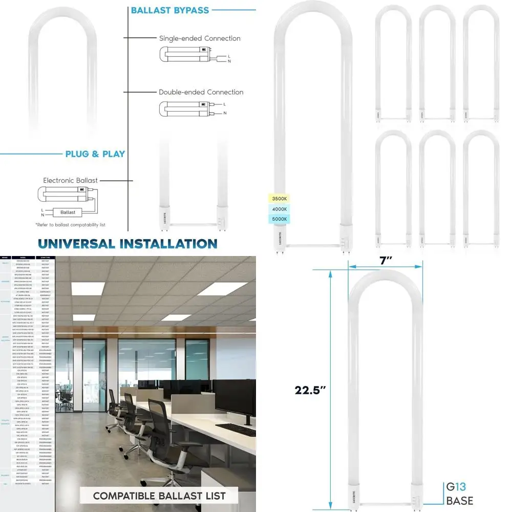 

6-Pack T8 T12 U-Bend LED Tube Light, 17.5W (32W), 3500K-5000K, 2100 Lumens, Fluorescent Replacement, UL Certified, G13 Base