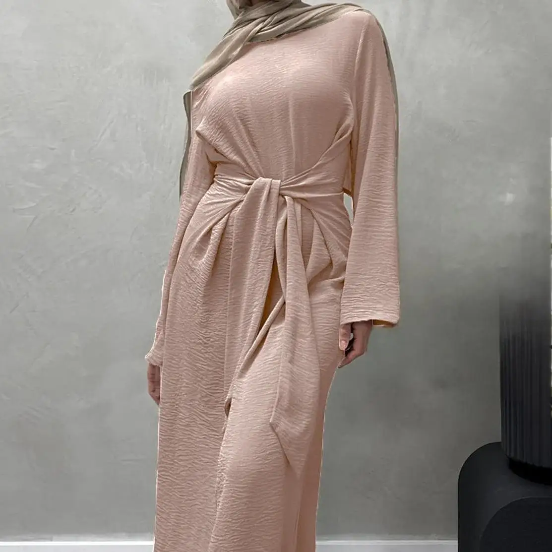 Middle East New Solid Color Lace-Up Long Dress Muslim Women Elegant Slim Fit Dress Loose Middle East Dubai Abaya Robe