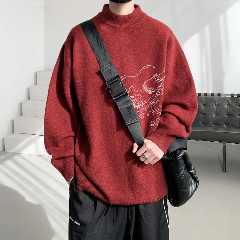 

Красный свободный вязаный свитер для мужчин, весна-осень, простой универсальный базовый слой, повседневный американский стиль, с длинным рукавом, с принтом