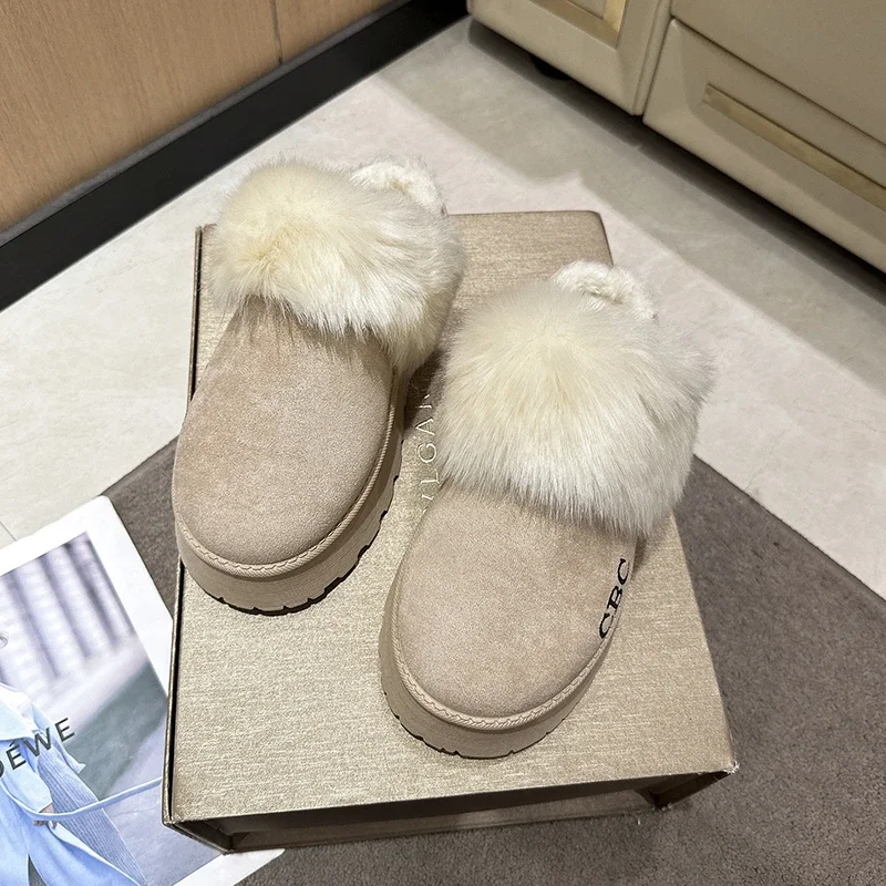 Pantoufles d'hiver en fausse fourrure pour femmes, chaussures à plateforme à enfiler en peluche, toboggans féminins, semelle optique, pantoufles en coton pour la maison, designer de luxe