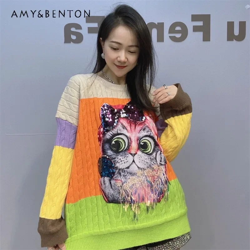 

New O-neck Pullover Cartoon Cat Color Knitted Sweater Women's Winter Oversized Meat-covered Long-sleeved Top Trendy Sueter Mujer