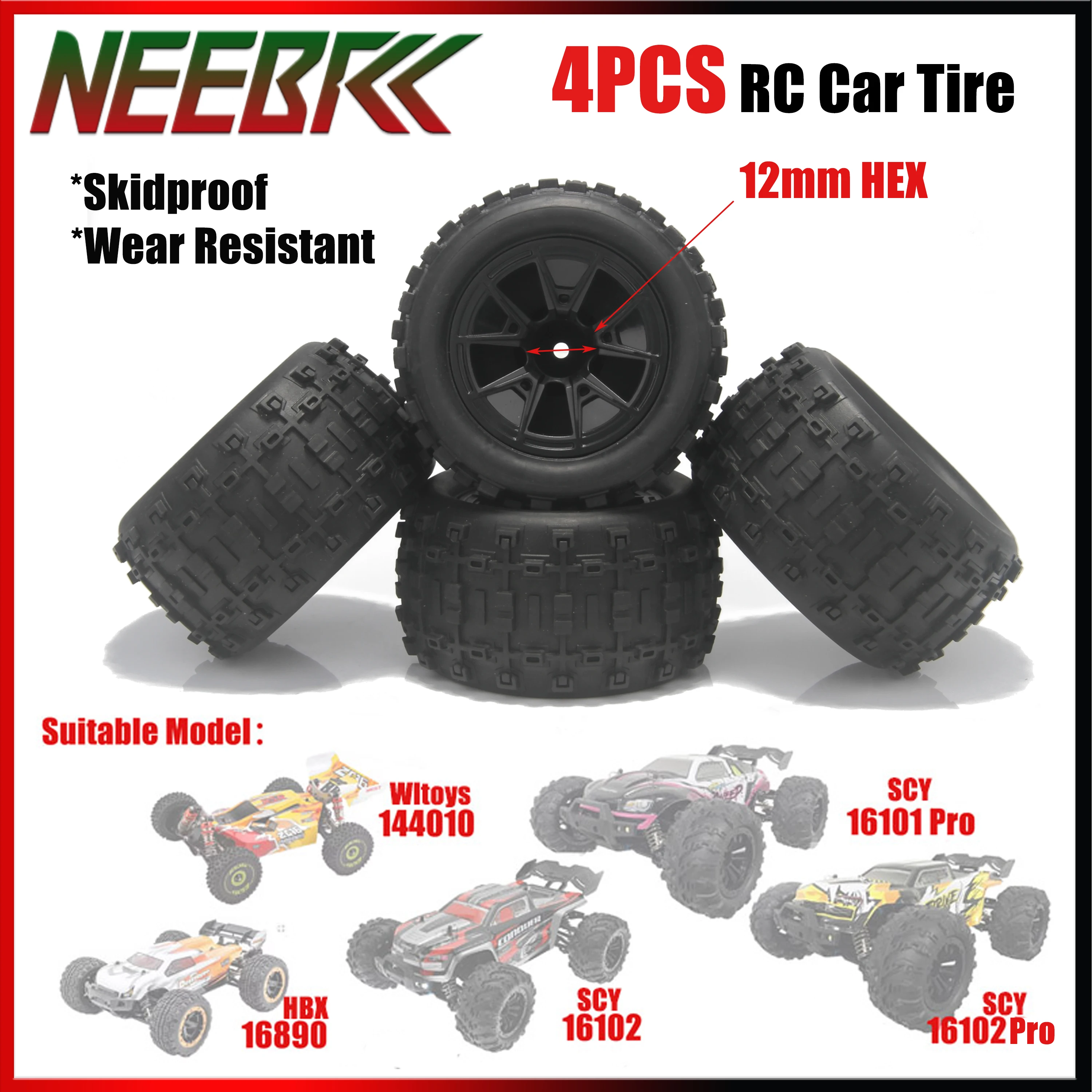 

4PCS 85mm 12mm Hex Monster Rubber Wheels Tires Skidproof Wear Resistant for RC Car Wltoys 144001 144010 HBX 16890 SCY 16101/Pro