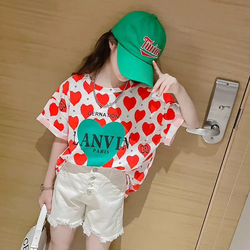 女の子のための半袖コットンTシャツ,ルーズなトップ,外国風,夏の服,市松模様,韓国スタイル,4〜14歳の女の子