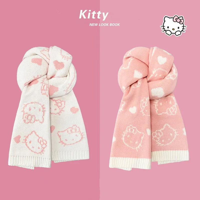 

Sanrio милый сладкий двусторонний вязаный шарф «Hello Kitty», осень-зима, толстый теплый универсальный шарф, подарок на день рождения для лучшего друга и девушки