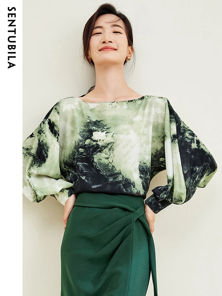 SENTUBILA Lantern Long Sleeve Chiffon Blouses Women Autumn Fashion Loose Chinese Brush Painting Pullover Female Shirt 133V50954