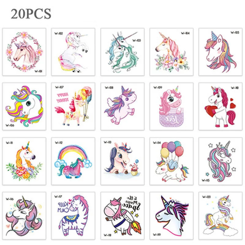 Juego de tatuajes de unicornio de 20 piezas colores, tatuaje temporal para niñas y niños, para el cuerpo pegatina, tatuaje bonito, gran oferta