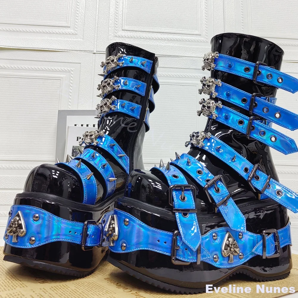 2025 nuevas botas Punk para mujer, punta redonda, encaje decorativo pesado, cremallera, suela gruesa, botines Punk, hebilla de cinturón azul, botas de media pantorrilla