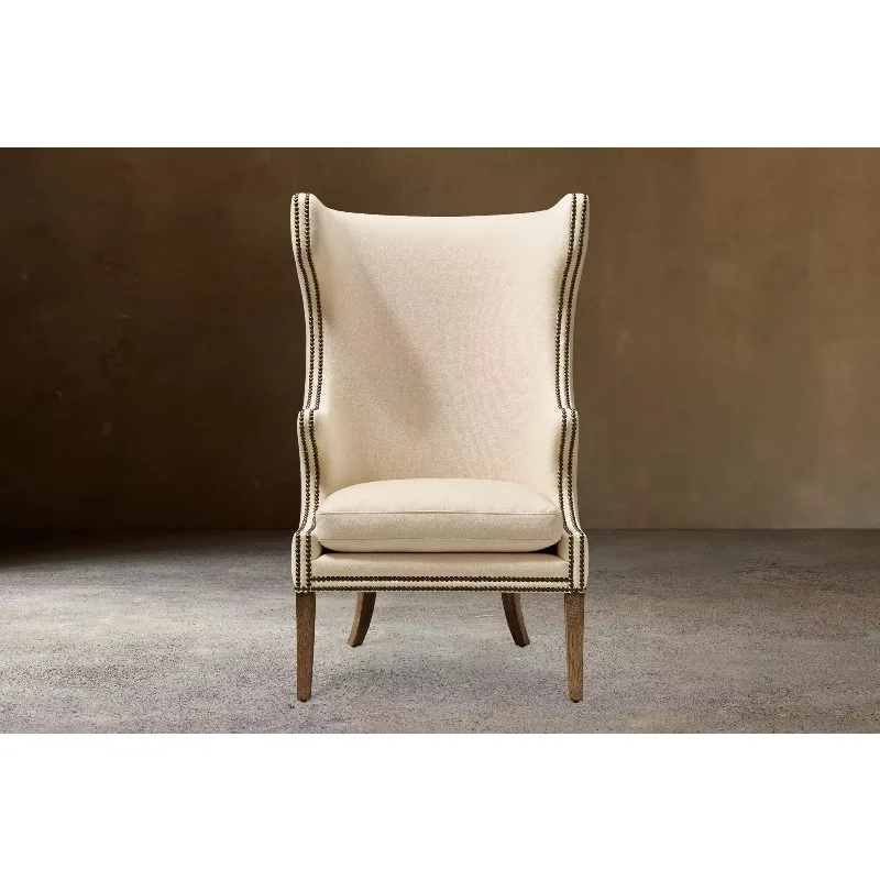 *High Wingback Chair With Antique Nailhead Trim Cream Textile Fabric Curved Weathered Oak Leg Traditional Accent Armchair