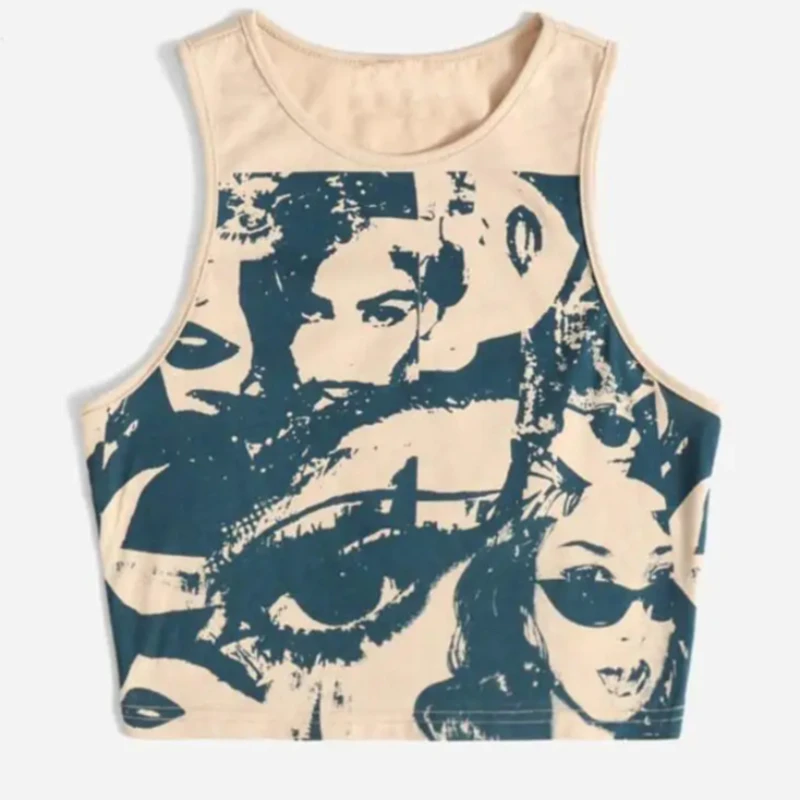 Portrait Graffiti Print Sleeveless Round Neck Retro Street Casual Versatile Women's Slim Fit Top Y2K Harajuku Gothic Short Vest