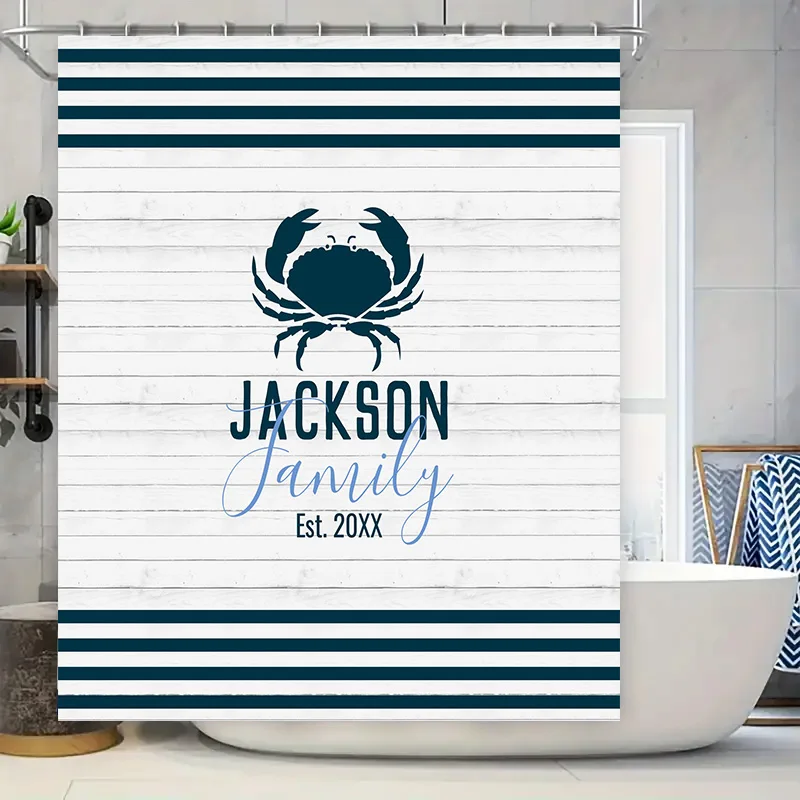 Personalized Family Name Crab Print Shower Curtain for Bathroom Decor Blue Navy White Wood Design Personalized Custom Name Decor