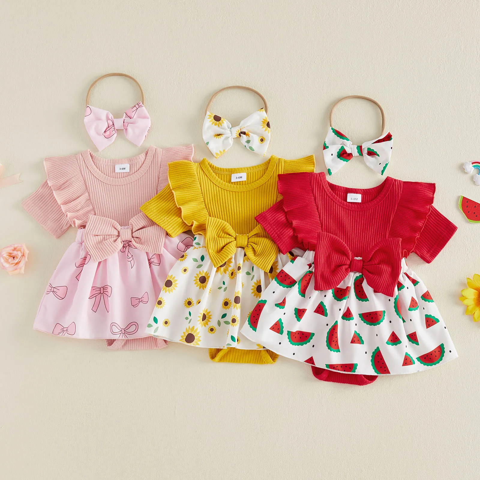 Baby Girls Summer Romper Dress Short Sleeve Watermelon/Sunflower/Bow Print Patchwork Bodysuit with Bow Headband