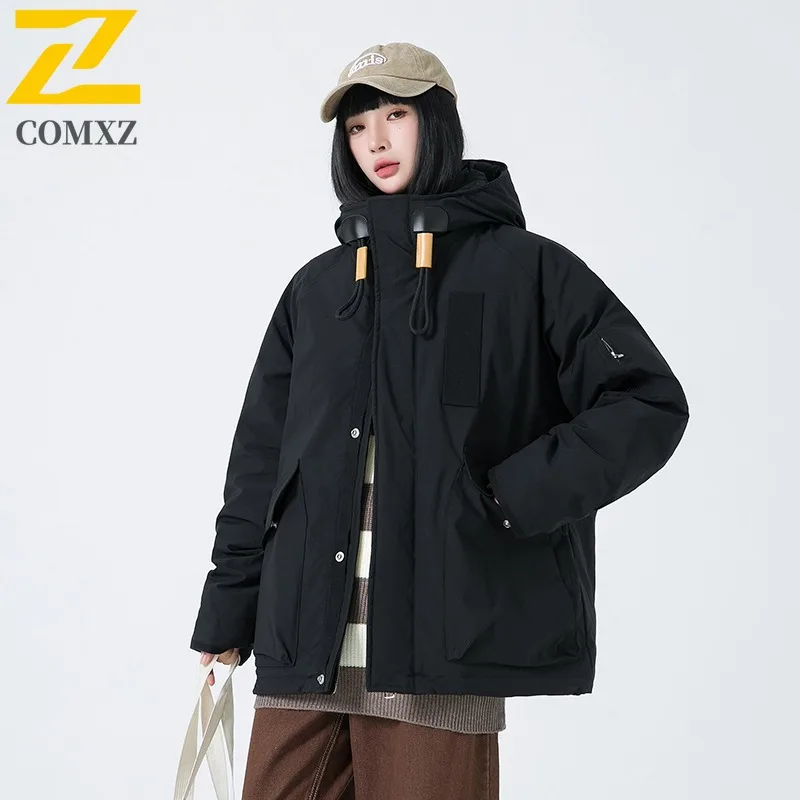COMXZ Men Puffer Jacket Outdoor Hooded Adventure Climbing Travel Windproof Warm Camping Padding Coat Loose Snow Winter Padding