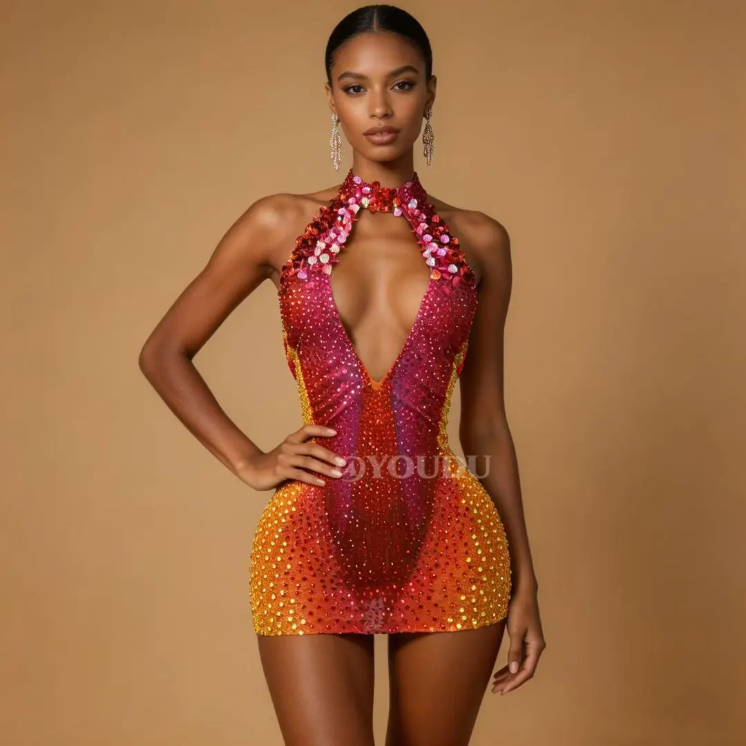 Honghaixia Luxury Gradient Hot Pink To Orange Sheer Mesh Crystal Short Dress Halter Keyhole Collar Nightclub Rave Outfit