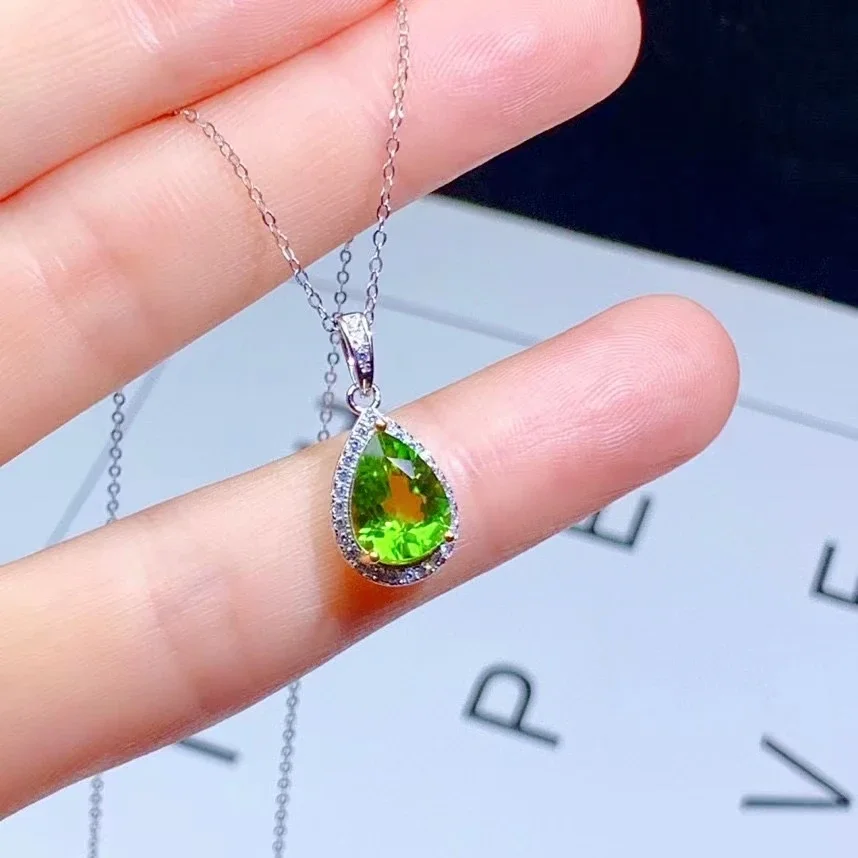 Silver Peridot Necklace Pendant for Daily Wear 7*9mm 1.5ct Natural Peridot Pendant with 3 Layers Gold Plating Wife Birthday Gift