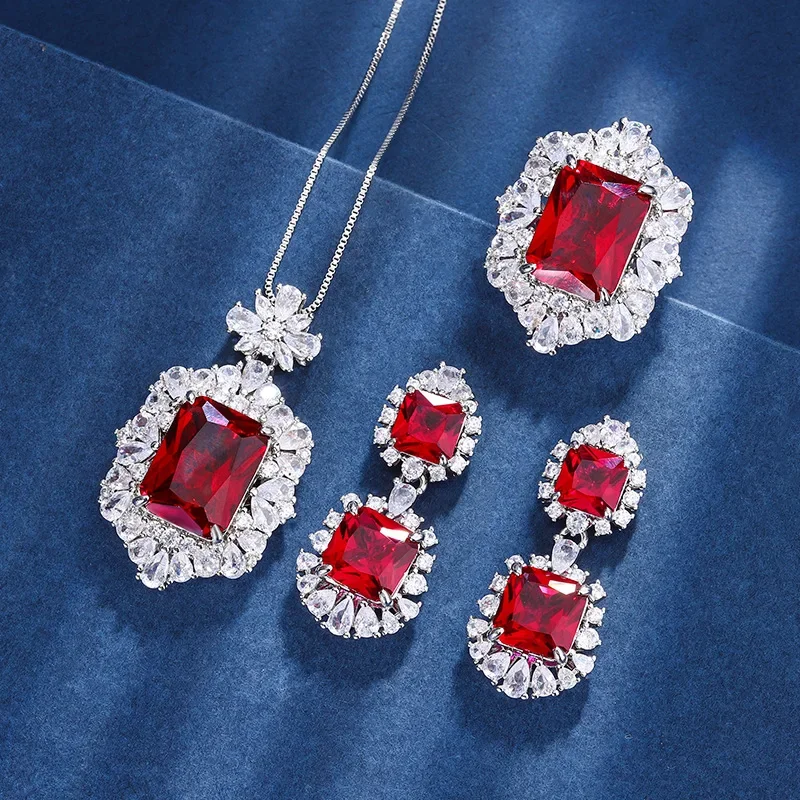 New high-end jewelry artificially cultivated gem plated 18K gold red corundum retro high-end square suit for women 12*16