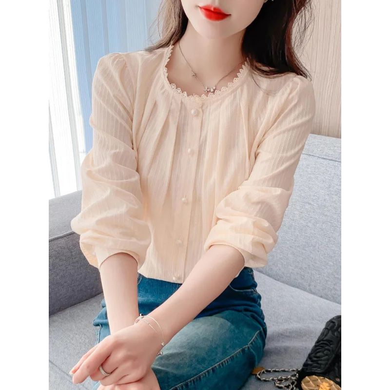 

Lace Trim Round Neck Pure Cotton Blouse Women Elegant And Chic Top For Layering Or Outerwear Long Sleeve Shirt