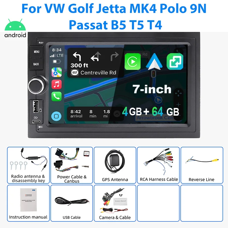 ESSGOO Autoradio Android15 7" 4+64G/2+64G für VW Golf Jetta MK4 Polo 9N Passat B5 T5 T4 SEAT SKODA Wireless CarPlay GPS Navigation Android Auto RDS FM Bluetooth Mirror Link Touchscreen