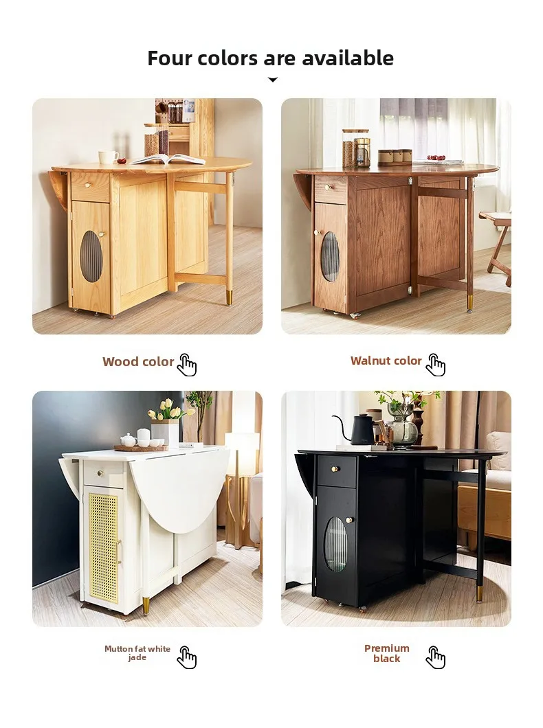 Small apartment folding round solid wood dining table wabi-sabi log style can store telescopic dining table multi-function